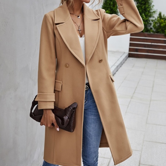 Camel Button Trench Pea Coat Belted Jacket - Picture 7 of 8